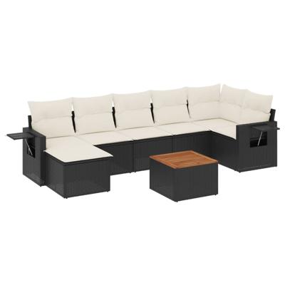 8-delige Loungeset met kussens poly rattan zwart