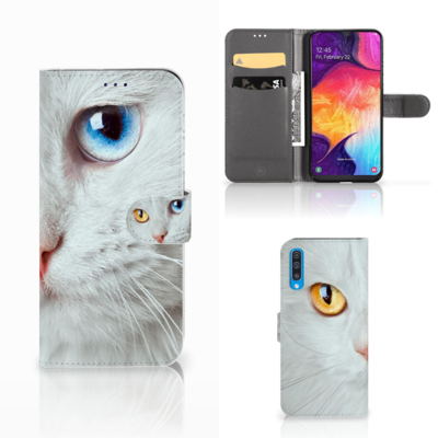Samsung Galaxy A50 | Telefoonhoesje | Met pasjeshouder | Witte Kat