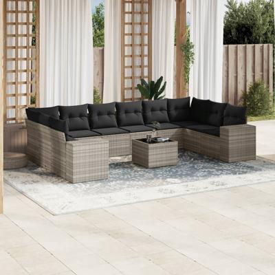 10-delige Loungeset met kussens poly rattan lichtgrijs