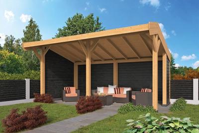 Tuindeco Goor Kapschuur 600x390 cm met Lariks/Douglashout blanke wanden - Bouwpakket- Kapschuurdak- Hout- Tuindeco Tuindeco Goor Kapschuur 600x390 cm met Lariks/Douglashout blanke wanden - Bouwpakket- Kapschuurdak- Hout- Tuindeco