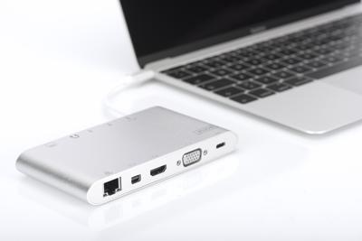 DIGITUS USB-C Docking Station - 11 poorten - 1x HDMI, 1x mDP, 1x VGA (4K@30Hz) - 3x USB 3.0 / USB 2.0, 1x USB Type-C - RJ45 LAN, jack audio, kaartlezer - Zilver