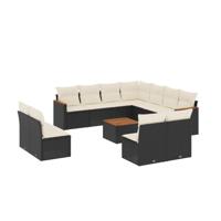 12-delige Loungeset met kussens poly rattan zwart - thumbnail