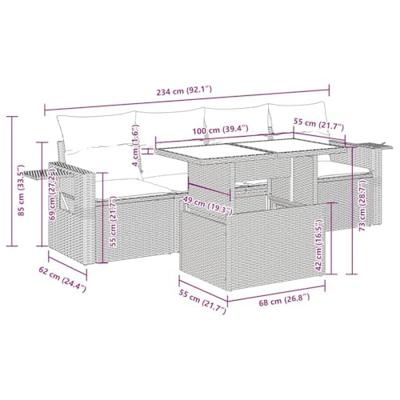 5-delige Loungeset met kussens poly rattan beige