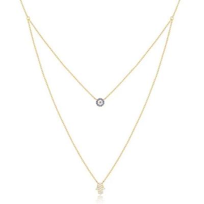 Elenza Goudkleurige Dubbele Ketting met Hamsa Hand en Zirkonia Steen