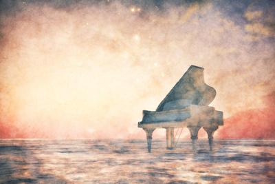 Schilderij - Piano, vleugel in een fantasie landschap, multikleur , 2 maten , Wanddecoratie