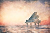 Schilderij - Piano, vleugel in een fantasie landschap, multikleur , 2 maten , Wanddecoratie - thumbnail