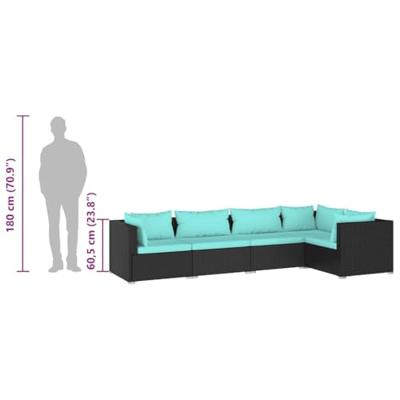 5-delige Loungeset met kussens poly rattan zwart