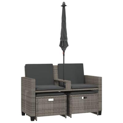 Tuinbank 2-zits met parasol en voetenbanken poly rattan grijs