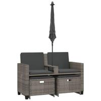 Tuinbank 2-zits met parasol en voetenbanken poly rattan grijs - thumbnail