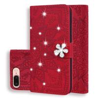 iPhone 7 Plus & 8 Plus met nep diamanten ingelegd uniek 3D mandala patroon PU leren Flip Hoesje met houder en opbergruimte voor pinpassen & geld (rood - thumbnail