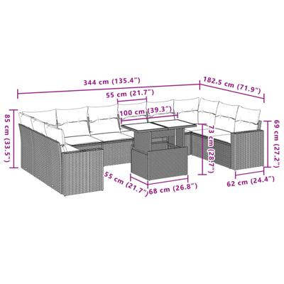 11-delige Loungeset met kussens poly rattan bruin - thumbnail