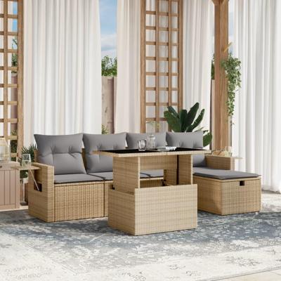 6-delige Loungeset met kussens poly rattan beige