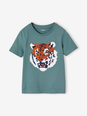Jongensshirt met motief in omkeerbare pailletten Basics blauwgroen
