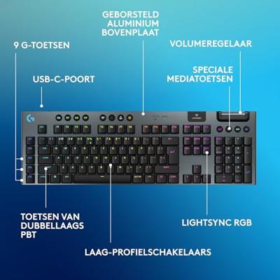 Logitech G G915 X LIGHTSPEED Low-Profile Wireless Gaming Keyboard, Double-Shot PBT Keycaps, volledig programmeerbare toetsen, RGB-achtergrondverlichting, GL Brown Tactile, US INT'L QWERTY - Zwart