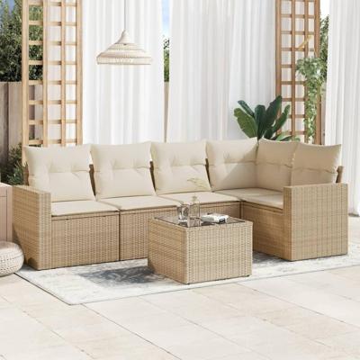6-delige Loungeset met kussens poly rattan beige - thumbnail