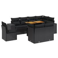 9-delige Loungeset met kussens poly rattan zwart - thumbnail