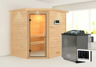 Karibu | Mia Sauna met Dakkraag | Helderglas Deur | Biokachel 9 kW Externe Bediening Karibu | Mia Sauna met Dakkraag | Helderglas Deur | Biokachel 9 kW Externe Bediening