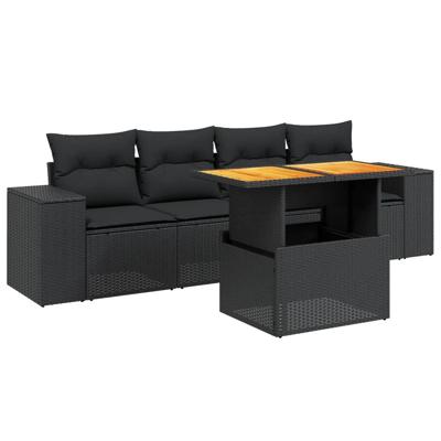 5-delige Loungeset met kussens poly rattan zwart