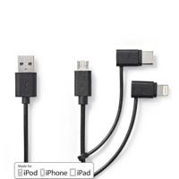 3-in-1-Kabel | USB 2.0 | USB-A Male | Apple Lightning 8-Pins / USB Micro-B Male / USB-C Male | 480 Mbps | 1.00 m | Vernikkeld | Rond | PVC | Zwart - thumbnail
