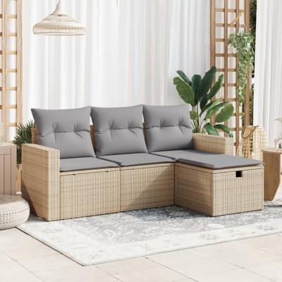 4-delige Loungeset met kussens poly rattan beige - thumbnail