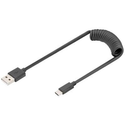 DIGITUS USB 2.0 spiraalkabel - USB-A naar USB-C - 480 Mbit/s - Power Delivery 60W - uitrekbaar tot 1 m - zwart