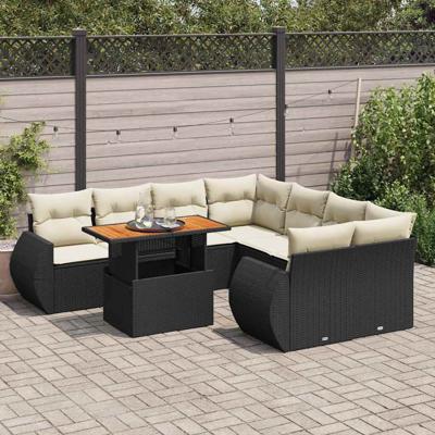 9-delige Loungeset met kussens poly rattan zwart