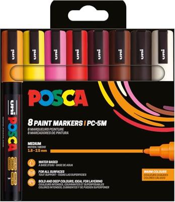 Uni POSCA paintmarker PC-5M, 1,8 - 2,5 mm, etui van 8 stuks in warme kleuren Uni POSCA paintmarker PC-5M, 1,8 - 2,5 mm, etui van 8 stuks in warme kleuren