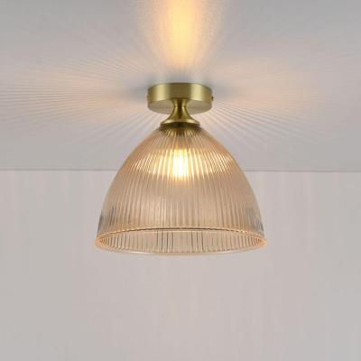 Plafondlamp Ciotola ambra - E27-fitting - Koepelvormige bol van geribbeld amberkleurig glas - Vulkaanvormige gouden drager - IP20 voor binnen