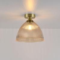 Plafondlamp Ciotola ambra - E27-fitting - Koepelvormige bol van geribbeld amberkleurig glas - Vulkaanvormige gouden drager - IP20 voor binnen - thumbnail