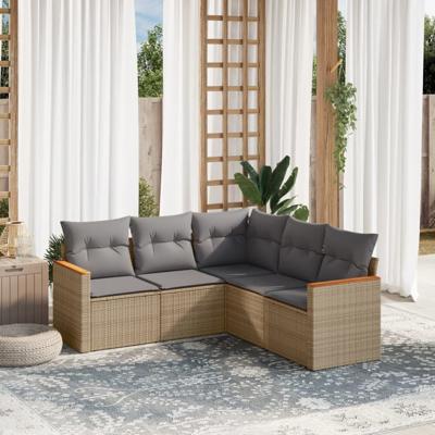 5-delige Loungeset met kussens poly rattan gemengd beige - thumbnail