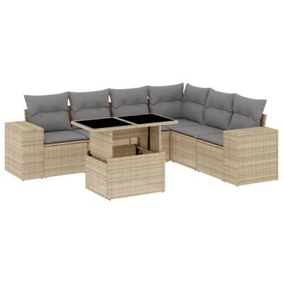 7-delige Loungeset met kussens poly rattan beige