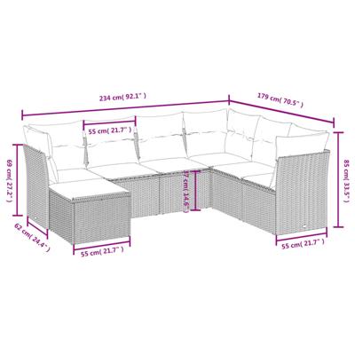 7-delige Loungeset met kussens poly rattan grijs - thumbnail