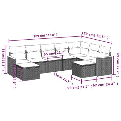 10-delige Loungeset met kussens poly rattan zwart