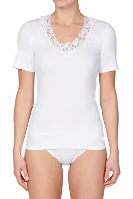 Toker Dames Hemd kant, korte mouw 206/1 - 100% katoenen ondershirt met kant - T-shirt