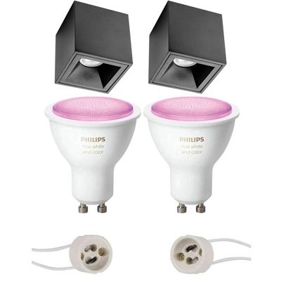 Pragmi Cliron Pro - Opbouw Vierkant - Mat Zwart - Verdiept - 90mm - Philips Hue - Opbouwspot Set GU10 - White and Color Ambiance - Bluetooth