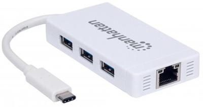 Manhattan 507608 USB Type C naar 3-Port Hub met Gigabit Ethernet-netwerkadapter USB 3.1 (G1) wit