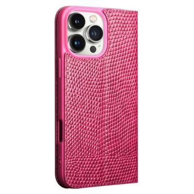 Qialino iPhone 16 Pro hoesje - Leren bookcase - Croco Roze