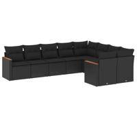 10-delige Loungeset met kussens poly rattan zwart - thumbnail