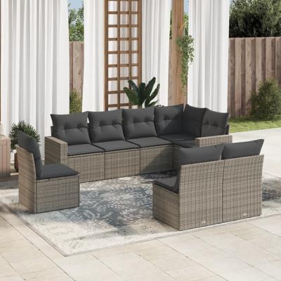 8-delige Loungeset met kussens poly rattan grijs