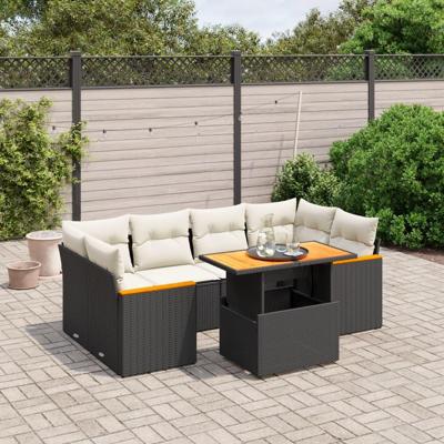 7-delige Loungeset met kussens poly rattan zwart