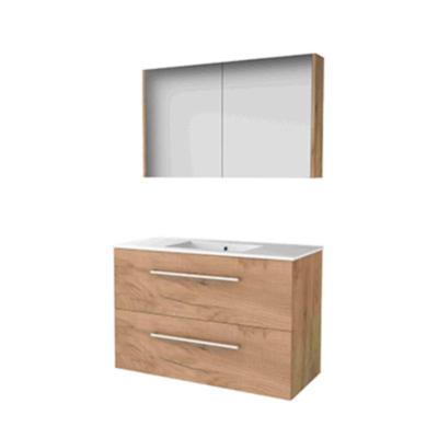 Basic-Line Comfort 46 Badkamermeubelset - 100 x 46 cm - Met Grepen - 2 Lades - Keramische Wastafel - 1 Kraangat - Spiegelkast - Whisky Oak