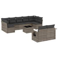 9-delige Loungeset met kussens poly rattan grijs - thumbnail