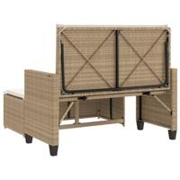 Tuinbank met kussens en voetenbank poly rattan beige - thumbnail