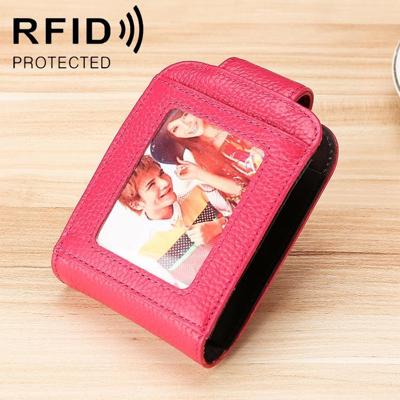 KB189 verticale koeienhuid lederen orgel vorm meerdere kaartsleuven anti-magnetische RFID portemonnee voor dames met transparant venster (Rose rood)
