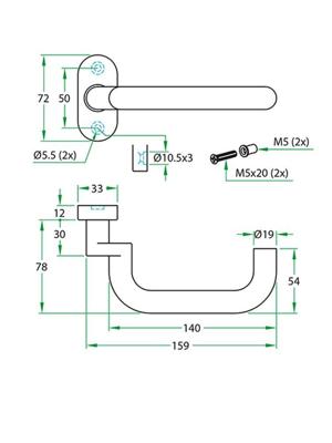Gatdeel CHASE II gekropt rvs mat 8mm ovaal rozet