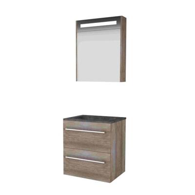 Basic-Line Premium 46 Badkamermeubelset - 60 x 46 cm - Met Grepen - 2 Lades - Hardstenen Wastafel - 1 Kraangat - Spiegelkast met LED Verlichting - Scotch Oak
