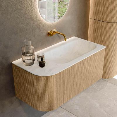 Mondiaz KURVE-DLUX 95 cm Onderkast Greeploos 1 Lade Met Deuren Oak, Wastafel Solid Surface Rechts Opalo 0 Kraangaten Zonder Spiegel (KRVBGS95L1L1D0KR-Oak/Opa)