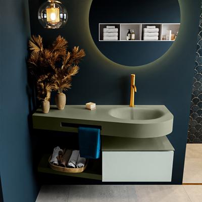 MONDIAZ RIVA 120cm badmeubel onderkast / planchet kleur Greey met 1 lade. Wastafel DULCET rechts 1 kraangat kleur Army.