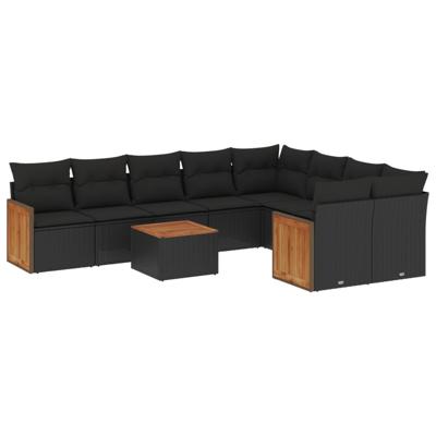 10-delige Loungeset met kussens poly rattan zwart - thumbnail