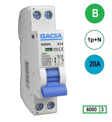 20A installatieautomaat M80N-C20 1p+n C20 6kA (18mm) Gacia automaat